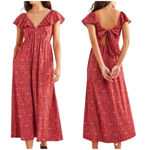 Boden Women's Tie Back Jersey Maxi Dress sz 14R Poinsettia Exotic Tile Ruffle - Picture 9 of 9
